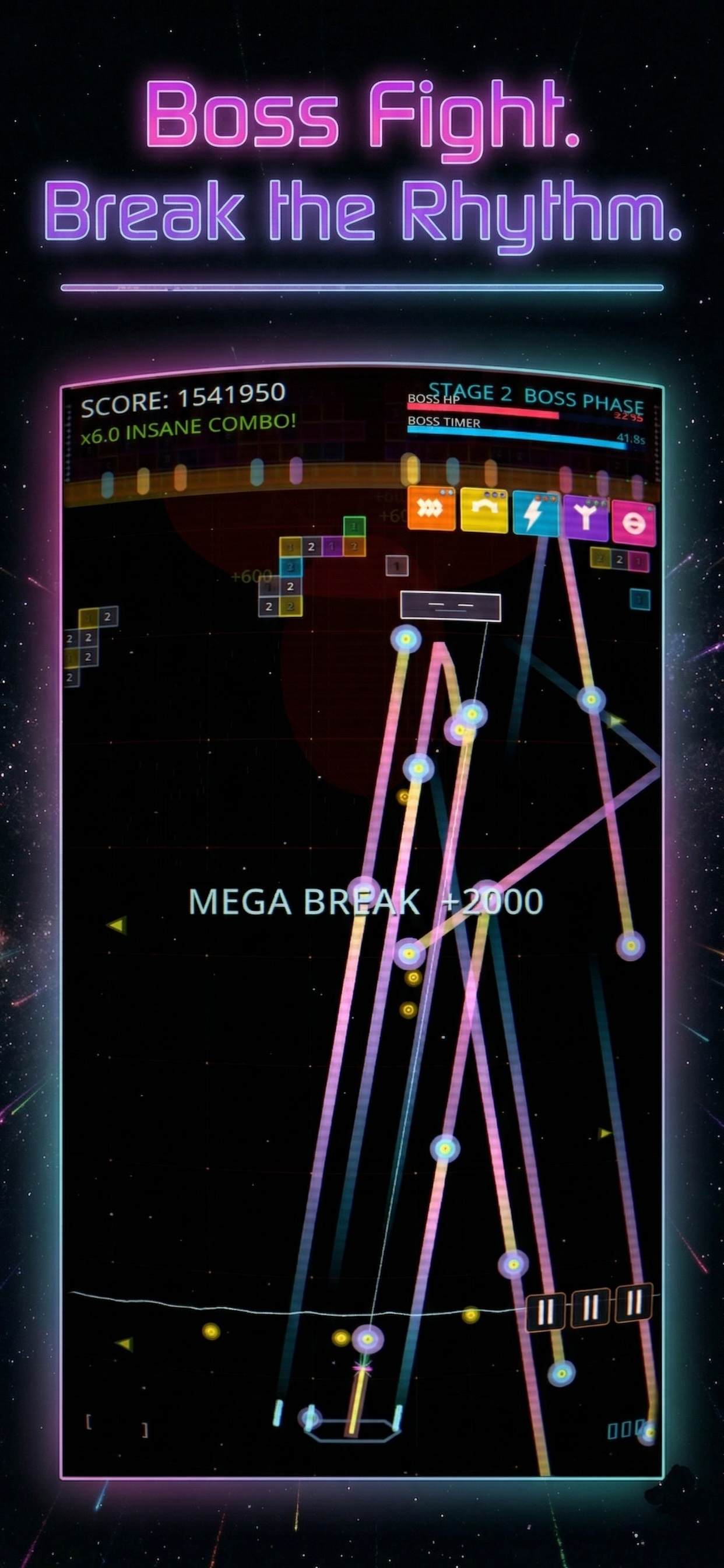 Boss fight with rhythm-based brick breaking