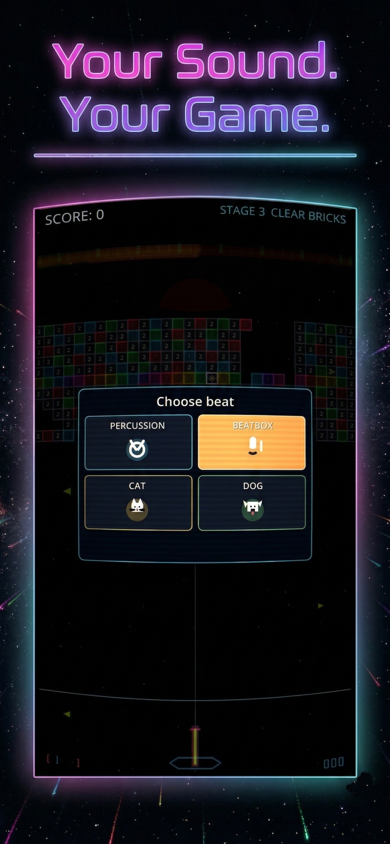 Choose your sound - percussion, beatbox, cat, or dog